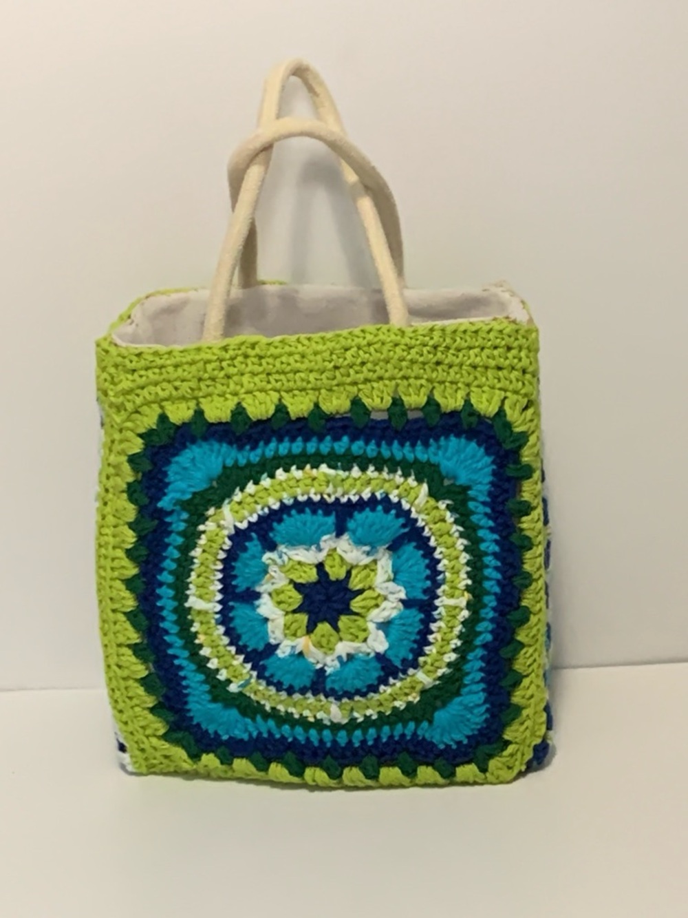 Handmade Crochet Square Tote Bag in Lime & Blue